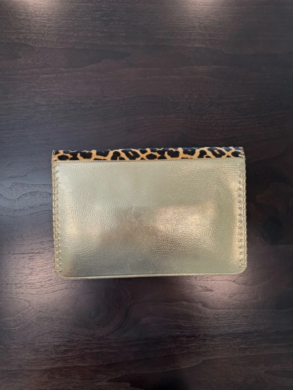 Leopard Calf Hair Envelope Clutch Gold Metallic Trim Bamboo Turn Lock